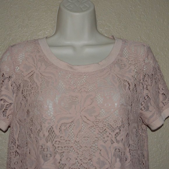 LAST CHANCE Sz 2 Loyd/Ford Pink Knit Lace Short Sleeve Cropped Top Blouse - Picture 2 of 6